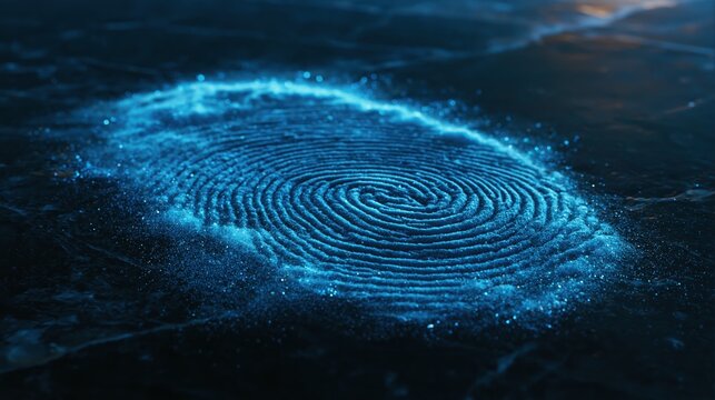 Detailed fingerprint slowly forming out of falling blue luminous particle in a clean minimal composition