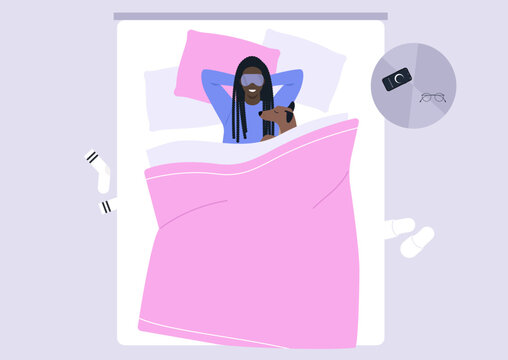 In a warm, inviting bedroom, a person lies peacefully asleep under a cozy blanket, with a dog snuggled close, creating a heartwarming scene filled with tranquility and comfort.