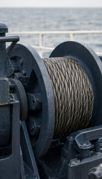 Marine winch with coiled steel rope mounted on a gray ship deck, showing textured metal and ocean background. Neutral industrial mood with room for text on sides.