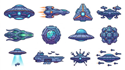 Collection of Futuristic Spaceships and UFOs in Various Designs. © habibah