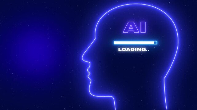 Human Head Profile With AI loading in Mind. Business creativity and Innovation concept. Neon Human Head with AI Development Loading Bar..