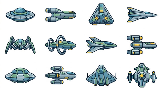 Collection of Futuristic Spaceships and UFOs in Cartoon Style.