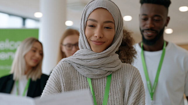 A multicultural group of customer greeters in a minimalist studio retail environment reviews morning sleep tracker data printouts before their shift, branded lanyards and welcome