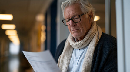 Fototapeta premium Elderly product manager in hospital rehabilitation corridor reviewing project timeline printed on paper, autism masking exhaustion post meeting recovery visible in relaxed dropped
