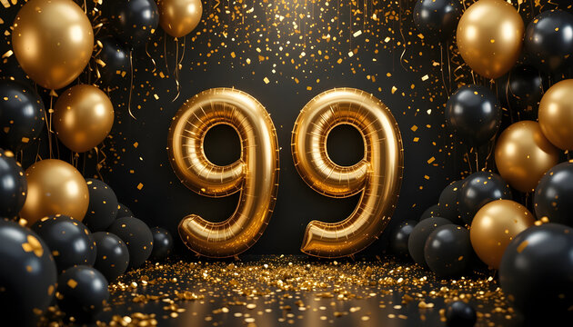 Golden balloon 99 digits arranged for anniversary celebration on luxury black studio background.