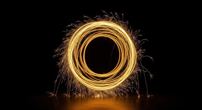 Long exposure photo of a glowing circular light trail created by spinning sparklers, featuring golden streaks and sparks against a solid black background with ground reflections.