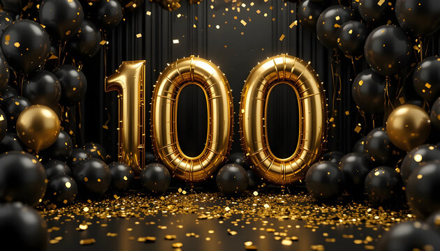 Golden balloon 100 digits arranged for anniversary celebration on luxury black studio surface.