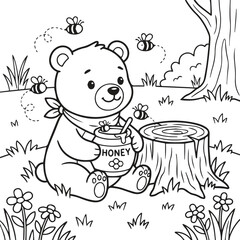 Cute bear eating honey from a pot in a forest coloring page with coloring