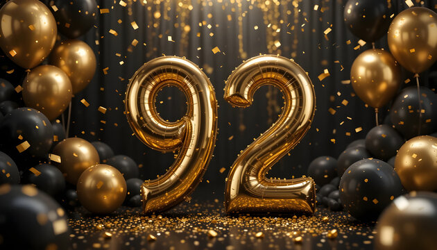 Golden balloons with confetti mark ninety two birthday or anniversary celebration party.