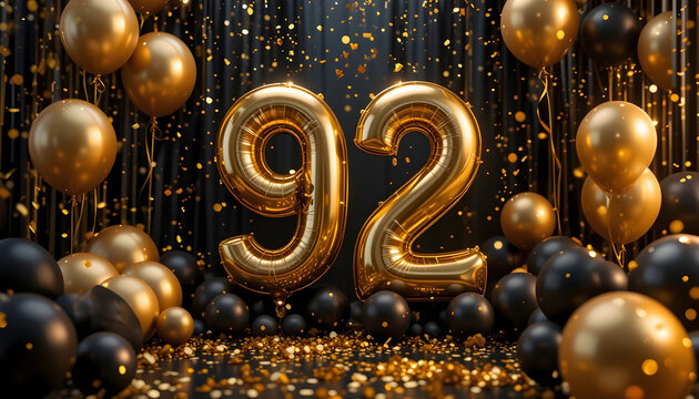 Shiny gold and black balloons with confetti celebrate ninety two birthday anniversary.