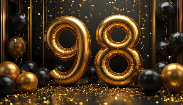 Shiny gold balloon number ninety eight party setup featuring black balloons and sparkling confetti.