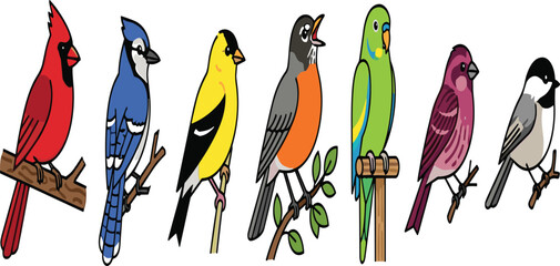 Colorful North American Backyard Birds Icon Set Featuring Cardinal, Blue Jay, Goldfinch, Robin, Parakeet, Finch, and Chickadee Vector Illustrations for Nature and Wildlife Designs © Forida
