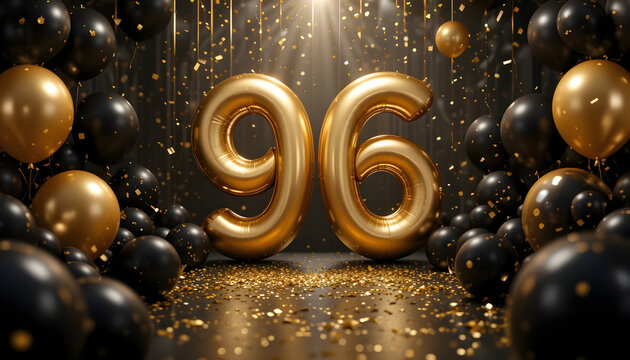 Shiny gold number 96 balloon on black background with golden confetti and balloons.