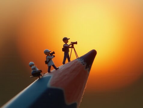 Miniature photographers taking pictures at sunset on a giant pencil