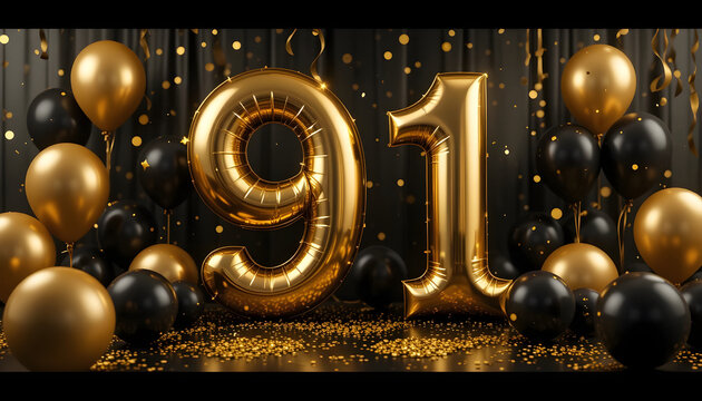 Shiny golden balloons forming number ninety one with dark balloons and confetti on black background.