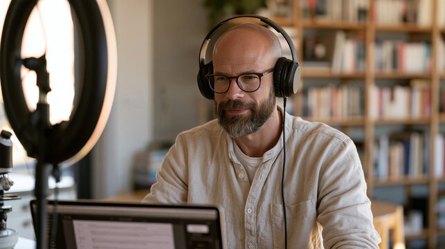 Online course creator filming instructional content at a modest kitchen table at home, ring light positioned beside a bookshelf wall, the process of recording, pausing, and