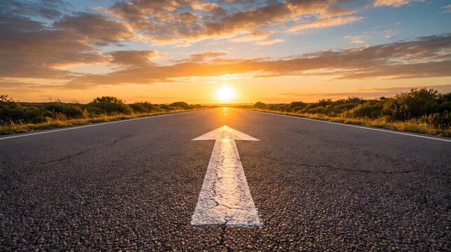 Business direction arrow on open highway toward sunrise representing clear strategy and future corporate journey