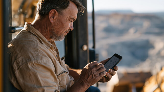 Heavy machinery operator at desolate quarry site reviewing mobile dating app message from driving seat, over the shoulder view of large calloused hands typing thoughtful invisible