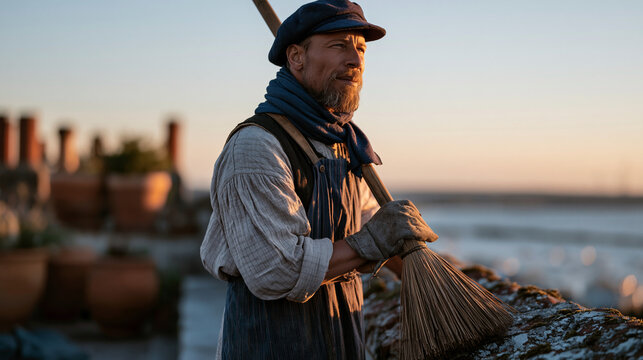 A chimney sweep stands at golden hour beside a restored Victorian rooftop, long handled brush extended over terracotta pots and mossy ridge tiles in a wide establishing landscape