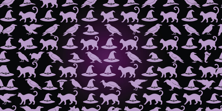Seamless halloween pattern background with cats ravens and witch hats, halloween