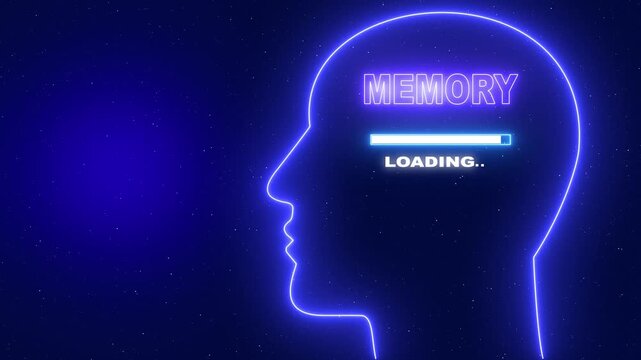 Neon blue outline of a human head profile with the word Memory and a loading bar on a dark blue starry background