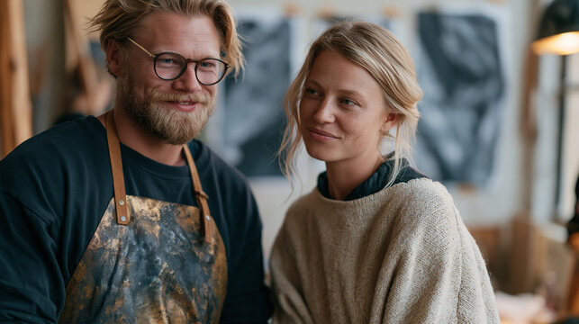 Bronze foundry worker couple discussing casting workflow in minimalist concrete studio, woman with fibromyalgia marking rest intervals on wall planner while partner adjusts mold