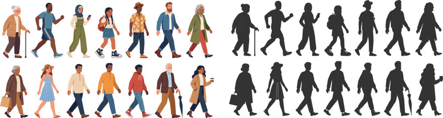 Fototapeta premium Diverse Walking People Character Collection with Multicultural Individuals and Matching Silhouette Set