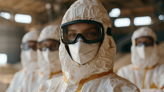 A pest control family unit in matching work gear treats a large industrial grain storage facility together, temperature optimization sensors and insulation gauges visible on the