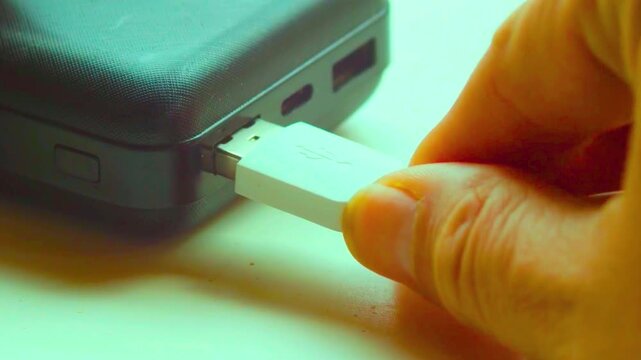 Close up of a hand plugging a white USB cable into power bank