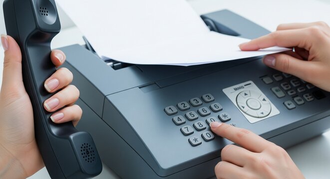 Close-up of hands operating a fax machine, one holding the handset and the other dialing a number