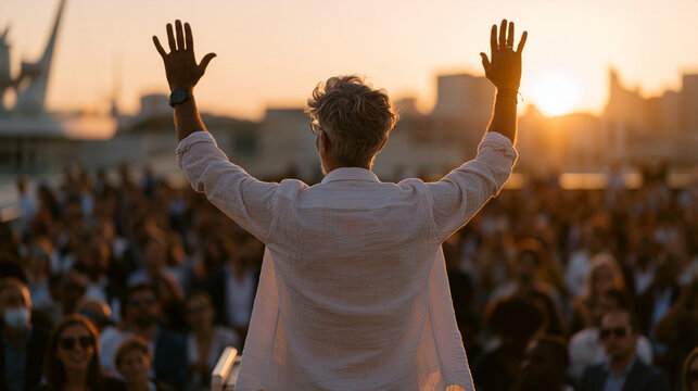 Executive coach addressing large corporate crowd at golden hour rooftop event, hundreds of attendees silhouetted against warm amber skyline, one participant visibly emotional as