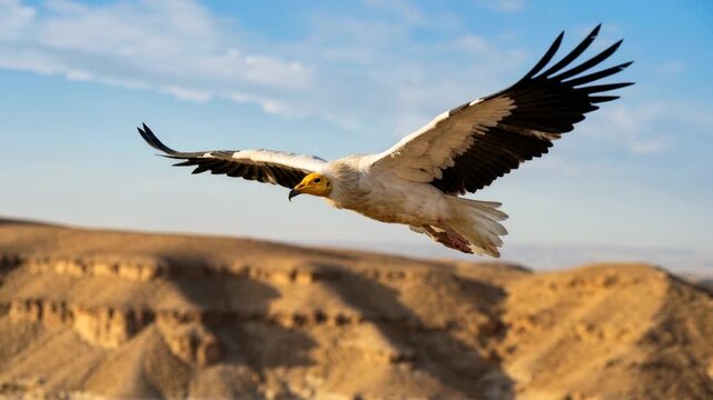 egyptian vulture flying over desert cliffs in soft morning light video