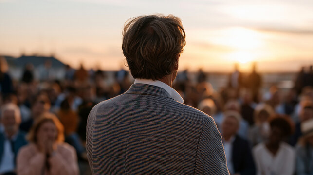 Executive coach addressing large corporate crowd at golden hour rooftop event, hundreds of attendees silhouetted against warm amber skyline, one participant visibly emotional as