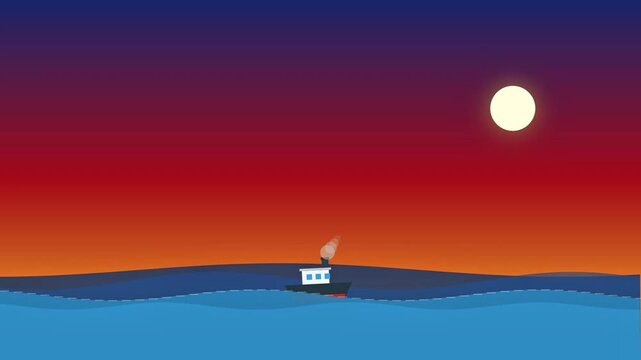 Minimalist vector art of a small boat sailing on ocean waves under a full moon and twilight sky