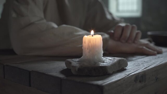 Medieval prisoner scratching skin on arm on a wooden table next to a burning candle, inside a dark jail cell, tracking shot