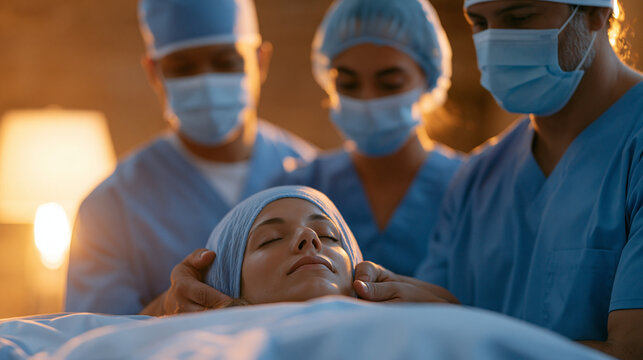 Ophthalmology surgical team in a warmly lit recovery suite performs coordinated post procedure muscle tension assessment, diverse scrub clad clinicians using structured massage