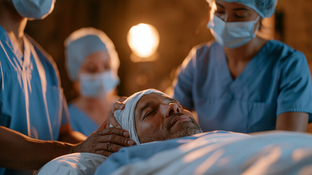 Ophthalmology surgical team in a warmly lit recovery suite performs coordinated post procedure muscle tension assessment, diverse scrub clad clinicians using structured massage