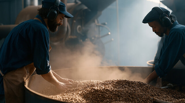 Coffee roasting team of multicultural workers in early morning mist filled warehouse, Colombian and Ethiopian and Vietnamese roasters gathered around drum roaster adjusting