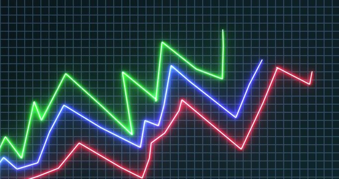 
Futuristic glowing line graphs on a dark background with a coordinate grid visualize financial analytics, market trends, business performance indicators, and data comparison results.