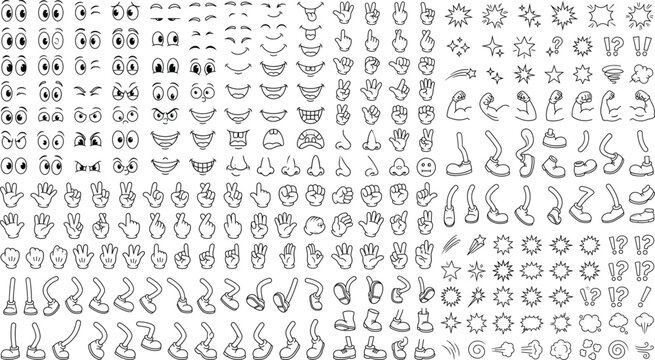 Cartoon Character Creator Outline Vector Set with Facial Features Hand Gestures and Comic Effects