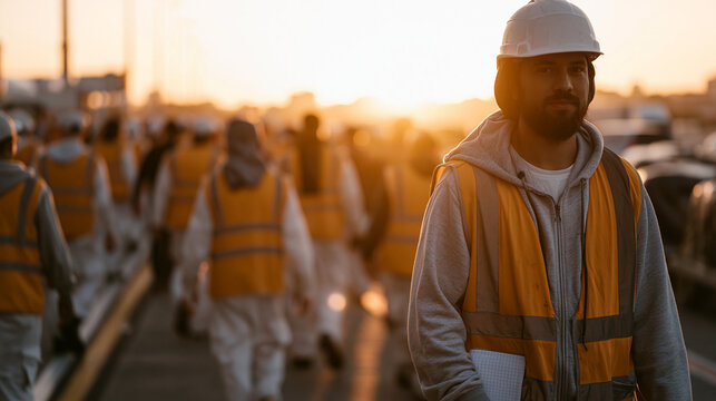 Ground crew team bathed in golden hour apron light managing baggage systems, crowd of uniformed workers moving with practiced efficiency, one worker pausing to check spoon theory
