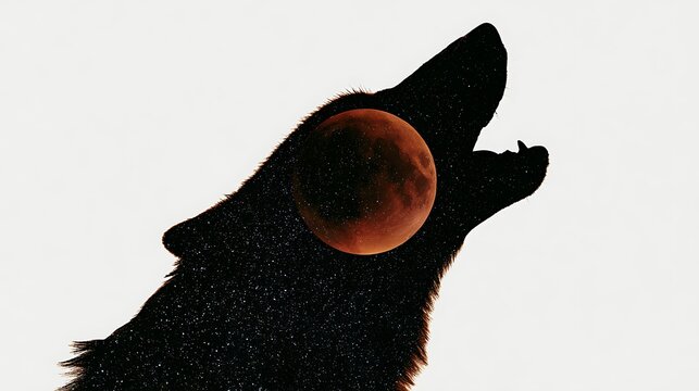 Prompt: A striking double exposure fine-art portrait. A crisp black silhouette profile of a howling giant wolf is filled with a minimalist surreal dreamscape of a total lunar eclipse, with the 