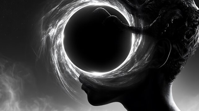 Prompt: A striking fine-art double exposure portrait. A crisp silhouette profile of a massive kraken stretching its tentacles is blended with a scenic landscape of a pitch-black spherical singularity 