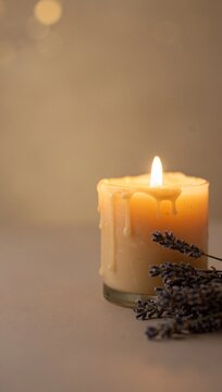 aromatic candle with dried lavender beside it, soft warm flame glow, calming and cozy atmosphere, detailed wax texture, negative space on the left