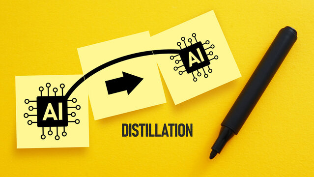 AI Distillation Concept with Knowledge Transfer Between Neural Networks, Model Compression, Efficient Machine Learning, Large Language Models, Artificial Intelligence Optimization and Edge Computing