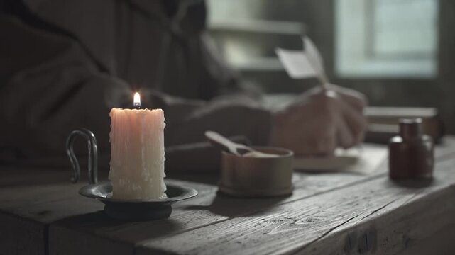 Dripping candle in a metal holder on a wooden table with a monastic scribe writing next to a clay inkpot in the background, inside a medieval scriptorium