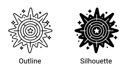 Starburst Icon: A graphic element representing a burst of energy or a shooting star, presented in both outline and silhouette versions for versatility. © Ajhar234