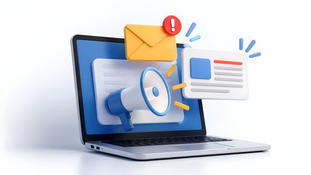 Digital marketing and online communication concept featuring 3D laptop with megaphone and email alert notification icons