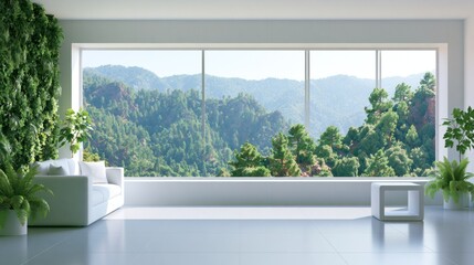 Fototapeta premium Modern white living room with panoramic mountain forest view.
