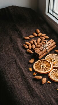 almonds, cinnamon sticks and dried orange slices arranged on dark textured fabric, warm earthy tones, soft side lighting creating gentle shadows, appetizing and natural